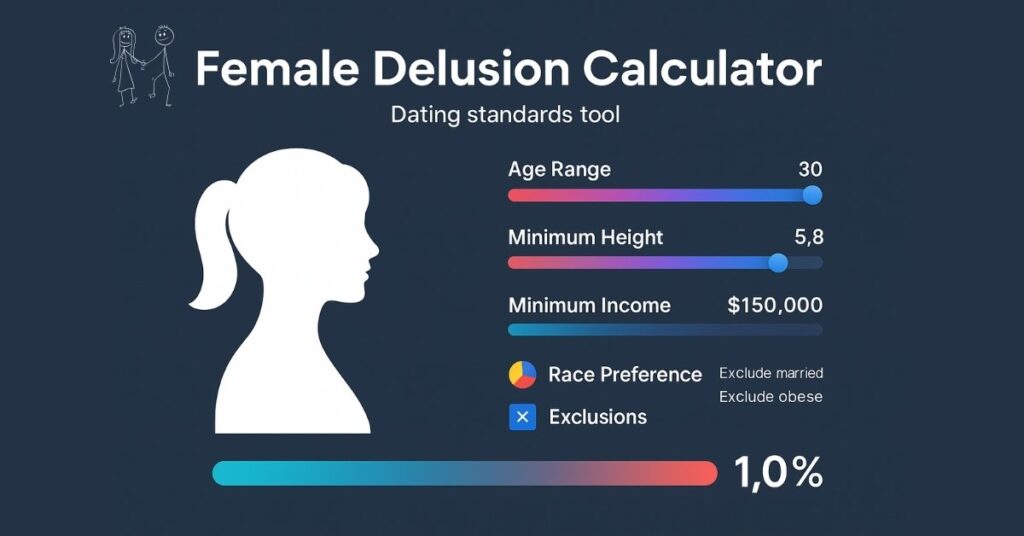 "Female Delusion Calculator online tool showing dating standards and probability chart"